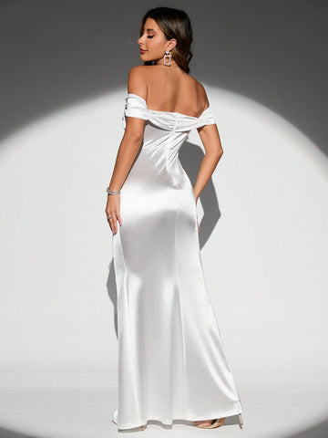 Off Shoulder Ruched Split Thigh Satin Bridesmaid Dress