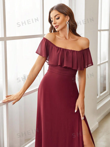 Off Shoulder Ruffle Trim Split Thigh Bridesmaid Dress