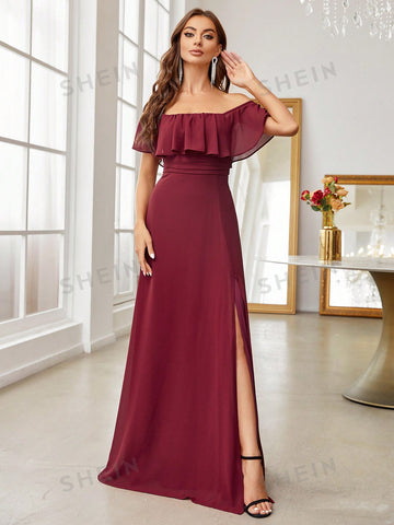 Off Shoulder Ruffle Trim Split Thigh Bridesmaid Dress