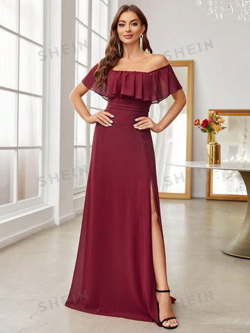 Off Shoulder Ruffle Trim Split Thigh Bridesmaid Dress