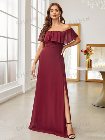 Off Shoulder Ruffle Trim Split Thigh Bridesmaid Dress