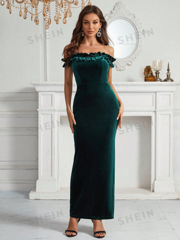 Off Shoulder Ruffle Trim Velvet Bridesmaid Dress