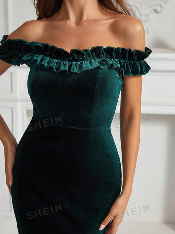 Off Shoulder Ruffle Trim Velvet Bridesmaid Dress