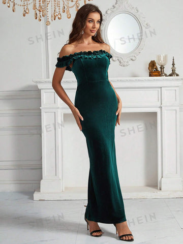 Off Shoulder Ruffle Trim Velvet Bridesmaid Dress