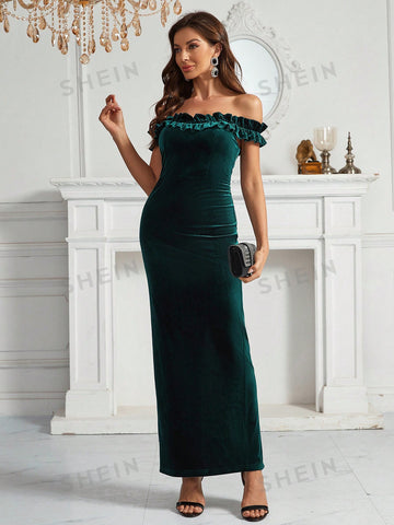 Off Shoulder Ruffle Trim Velvet Bridesmaid Dress