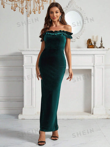 Off Shoulder Ruffle Trim Velvet Bridesmaid Dress