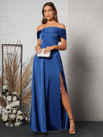 Belle Off Shoulder Split Thigh Satin Bridesmaid Dress