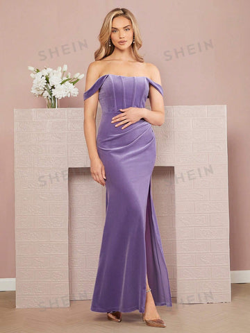Off Shoulder Split Thigh Velvet Dress
