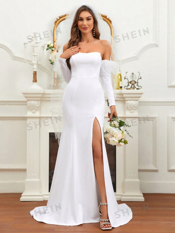 Off Shoulder Split Thigh Wedding Dress Without Veil