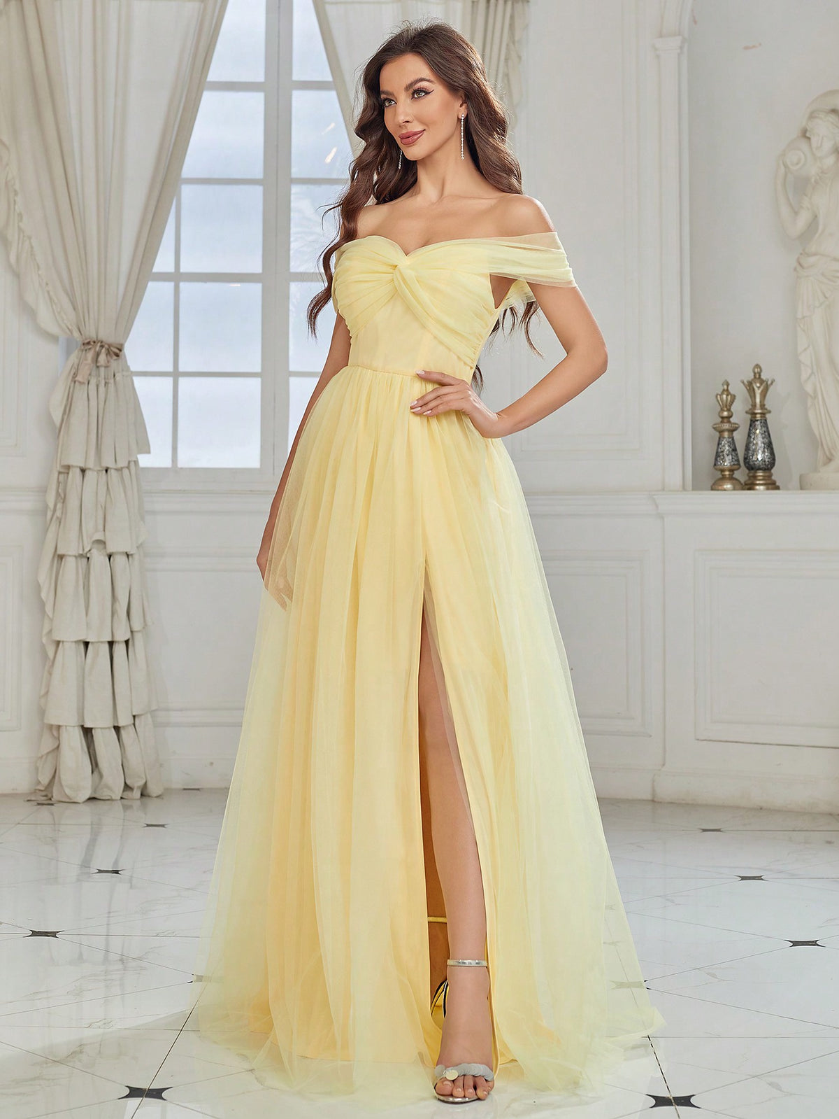 Off Shoulder Twist Front High Slit Mesh Bridesmaid Dress