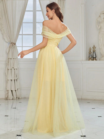 Off Shoulder Twist Front High Slit Mesh Bridesmaid Dress