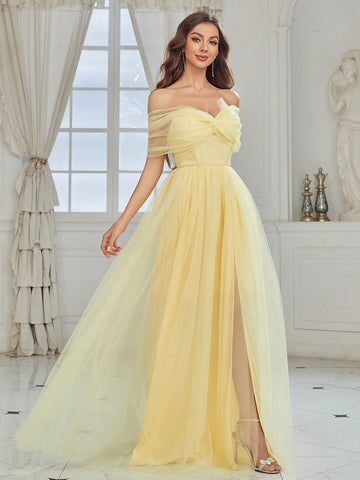 Off Shoulder Twist Front High Slit Mesh Bridesmaid Dress