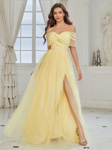 Off Shoulder Twist Front High Slit Mesh Bridesmaid Dress