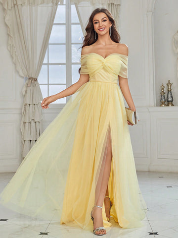 Off Shoulder Twist Front High Slit Mesh Bridesmaid Dress