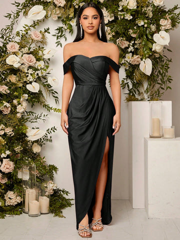 Off Shoulder Wrap Hem Bridesmaid Dress