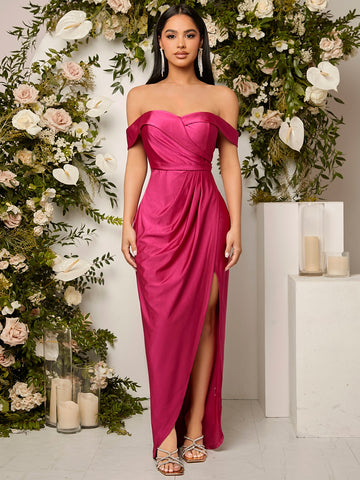 Off Shoulder Wrap Hem Bridesmaid Dress