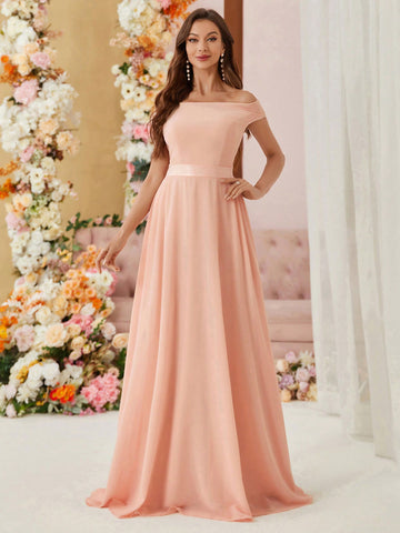 Off The Shoulder Small Cap Sleeves, Voluminous Umbrella Skirt, Webbing Waist, Simple Slim Fit Bridesmaid Dress (Adult)