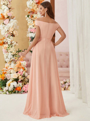 Off The Shoulder Small Cap Sleeves, Voluminous Umbrella Skirt, Webbing Waist, Simple Slim Fit Bridesmaid Dress (Adult)