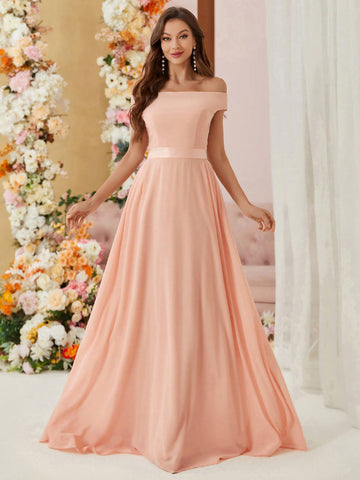 Off The Shoulder Small Cap Sleeves, Voluminous Umbrella Skirt, Webbing Waist, Simple Slim Fit Bridesmaid Dress (Adult)