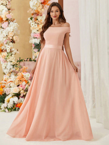 Off The Shoulder Small Cap Sleeves, Voluminous Umbrella Skirt, Webbing Waist, Simple Slim Fit Bridesmaid Dress (Adult)
