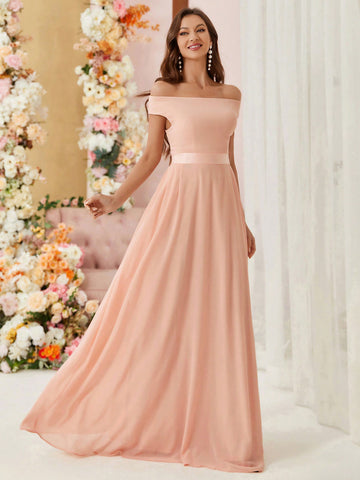 Off The Shoulder Small Cap Sleeves, Voluminous Umbrella Skirt, Webbing Waist, Simple Slim Fit Bridesmaid Dress (Adult)