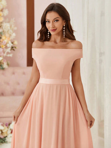 Off The Shoulder Small Cap Sleeves, Voluminous Umbrella Skirt, Webbing Waist, Simple Slim Fit Bridesmaid Dress (Adult)