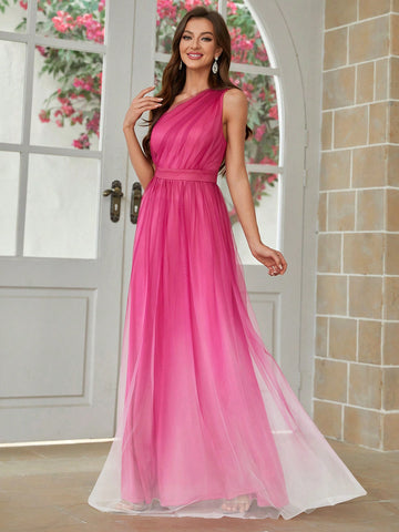 Ombre Oblique Shoulder Tulle Bridesmaid Dress