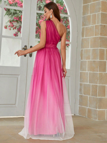 Ombre Oblique Shoulder Tulle Bridesmaid Dress