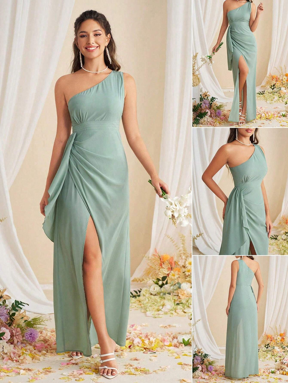 One-Shoulder High-Waist Flowy Chiffon Bridesmaid Dress With High Side Slit