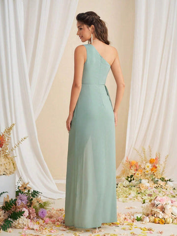 One-Shoulder High-Waist Flowy Chiffon Bridesmaid Dress With High Side Slit
