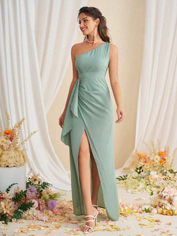 One-Shoulder High-Waist Flowy Chiffon Bridesmaid Dress With High Side Slit
