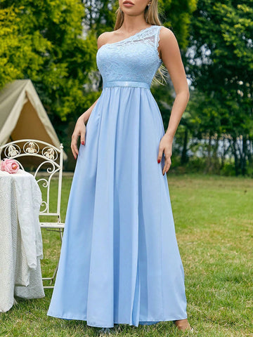 One-Shoulder Lace Patchwork High Slit Waist-Cinching Bridesmaid Maxi Dress