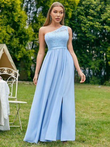 One-Shoulder Lace Patchwork High Slit Waist-Cinching Bridesmaid Maxi Dress