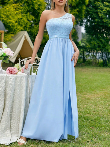 One-Shoulder Lace Patchwork High Slit Waist-Cinching Bridesmaid Maxi Dress