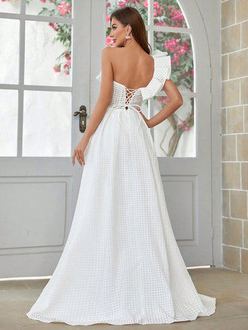 One-Shoulder Ruffled Edge Wedding Dress With Back Tie