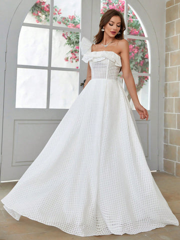 One-Shoulder Ruffled Edge Wedding Dress With Back Tie