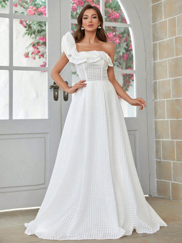 One-Shoulder Ruffled Edge Wedding Dress With Back Tie