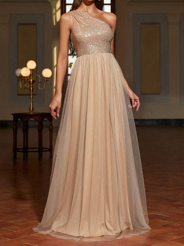 One-Shoulder Shiny Tulle Bridesmaid Dress With Long Skirt