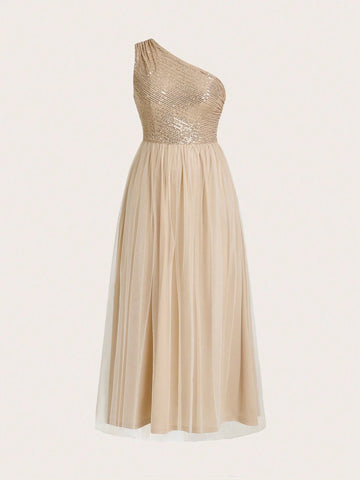 One-Shoulder Shiny Tulle Bridesmaid Dress With Long Skirt