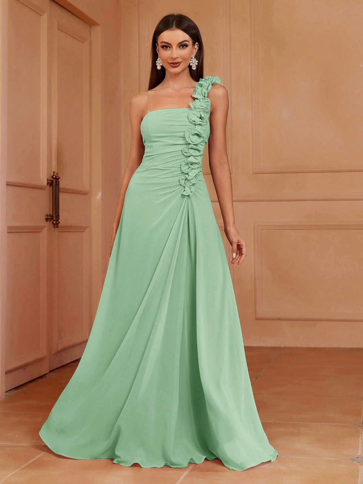 One Shoulder 3d Pleated Lace A-Line Bridesmaid Dress