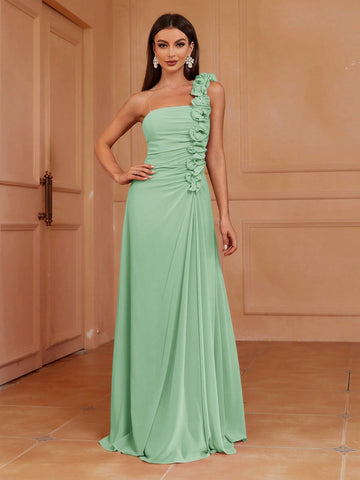 One Shoulder 3d Pleated Lace A-Line Bridesmaid Dress