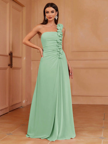 One Shoulder 3d Pleated Lace A-Line Bridesmaid Dress