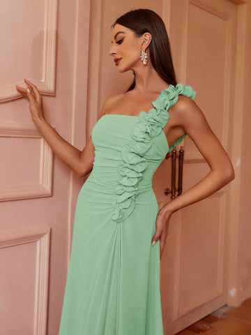 One Shoulder 3d Pleated Lace A-Line Bridesmaid Dress