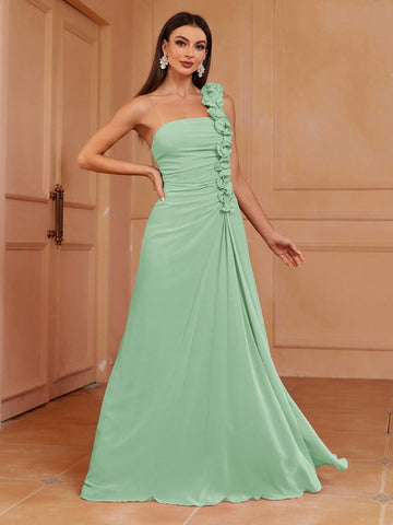 One Shoulder 3d Pleated Lace A-Line Bridesmaid Dress