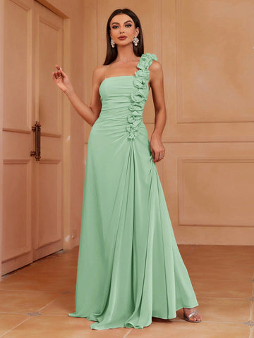 One Shoulder 3d Pleated Lace A-Line Bridesmaid Dress