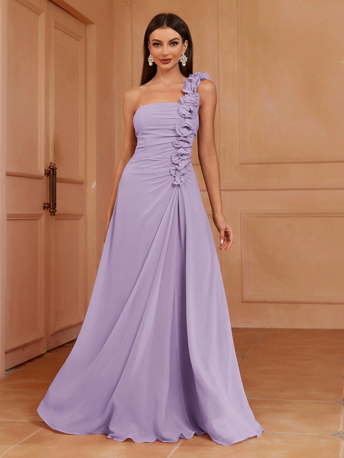 One Shoulder A-Line Bridesmaid Dress With 3d Pleats, Ruffles & Lace Trim (Adult)