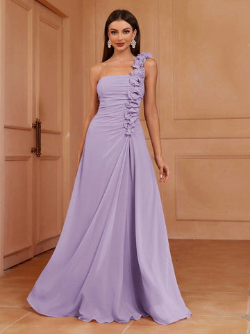 One Shoulder A-Line Bridesmaid Dress With 3d Pleats, Ruffles & Lace Trim (Adult)