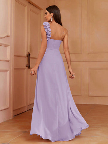 One Shoulder A-Line Bridesmaid Dress With 3d Pleats, Ruffles & Lace Trim (Adult)