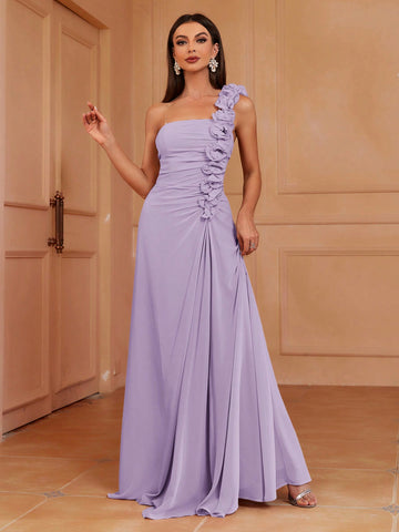 One Shoulder A-Line Bridesmaid Dress With 3d Pleats, Ruffles & Lace Trim (Adult)