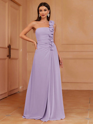 One Shoulder A-Line Bridesmaid Dress With 3d Pleats, Ruffles & Lace Trim (Adult)